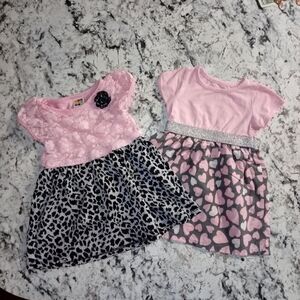 2 Healthtex Dresses Pink Hearts Animal Print Floral Crochet Sz 18M